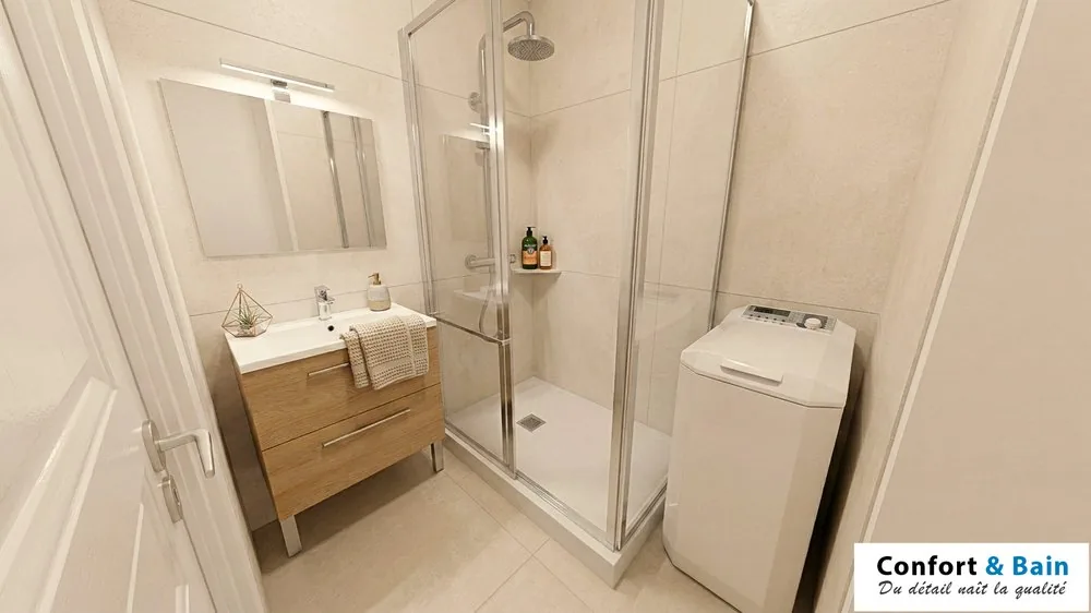 Maquette 3D meuble bois et douche